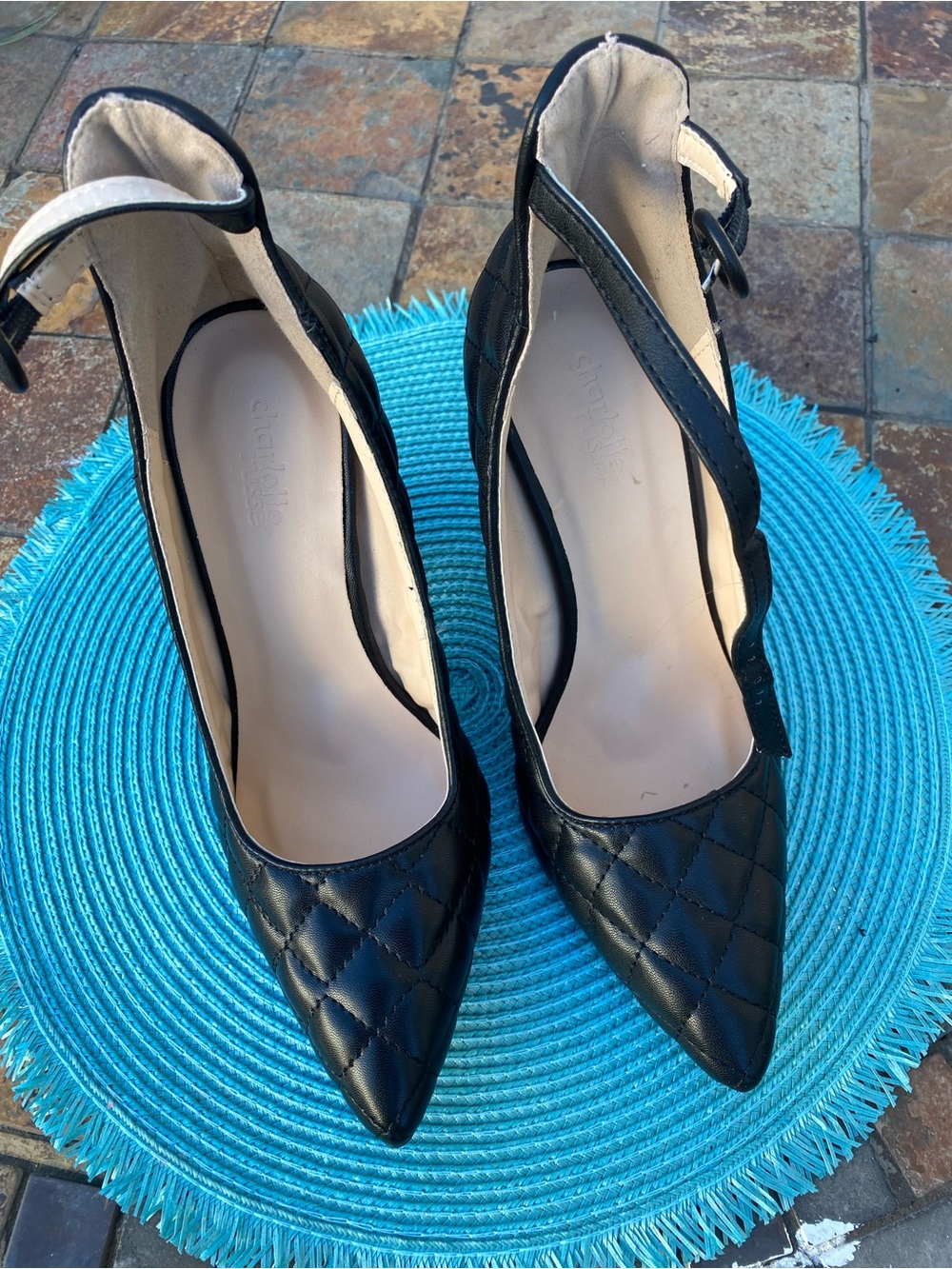Black Quilted Pointed Toe Women’s Heels with Ankle Strap